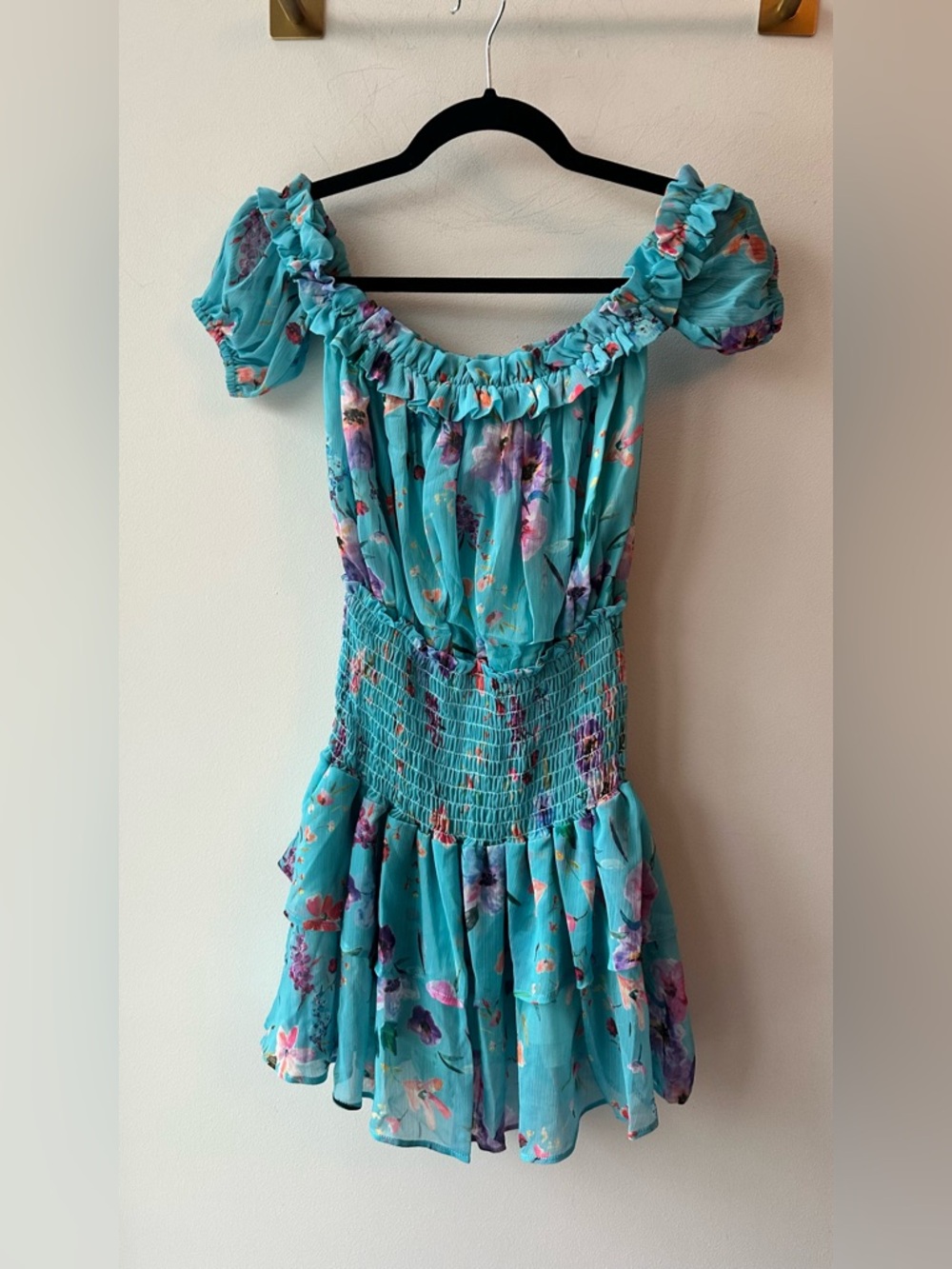 413. Rays for Days, Teal Floral Smocked Romper 13” P2P S